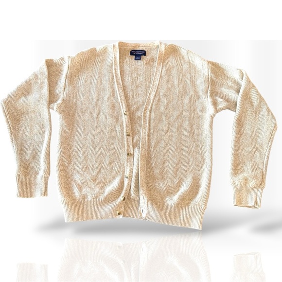 Roundtree & Yorke Beige Herringbone Cotton Cardigan Preppy Neutral Grandpa - Picture 2 of 12